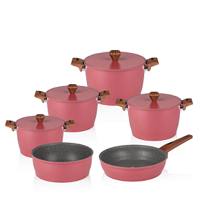 Granite Gigilli Cookware Set – 10 Pieces – 4 Pots (28-24-22-20 cm) + Frying Pan 26 cm + Oven Tray 28 cm – Red

