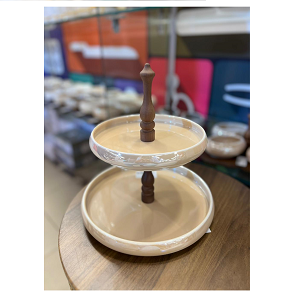 Two-Tier Porcelain Dessert Stand with Wooden Holder, featuring an elegant design with two layers and a sturdy central stand.