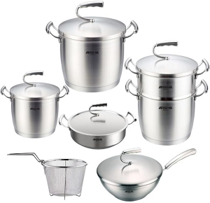 Arsha Stainless Steel High-Lux 12 pcs Cookware Set Composition (20-24-24-28-28) Tray 26, Wok 28, Strainer 16
