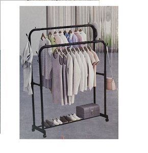 Black double-rod metal clothes rack with high capacity multiple side hooks and wide lower shelf equipped with wheels for easy transport ideal for efficient and elegant organization 

