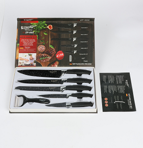 Zepter 6-piece knife set: 8" chef knife, 8" slicer knife, 8" bread knife, 5" utility knife, 3.5" paring knife, and peeler, black color.
