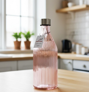 Glass water bottle, burgundy, ribbed design, round base, silver lid - abdo-109-13 C