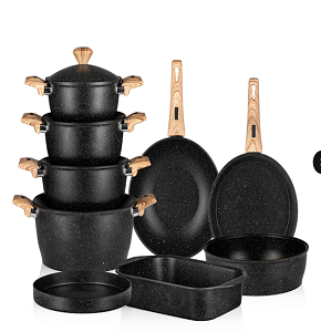 Granite Gigilli Cookware Set – 13 Pieces – 4 Pots (28-24-22-20 cm) + Wok 28 cm + Frying Pan 26 cm + Oven Tray 28 cm + Roaster 35 cm + Pizza Tray 28 cm – Black
