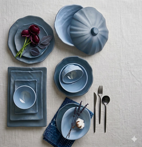 El Sherif Melamine Set, 38 Pieces, Stone Pattern, Dark Blue * Light Blue - 6221189796308
