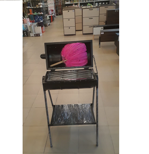 Ghazala Balcony Grill: 55×30 cm in size and 85 cm in height, with electrostatic thermal coating, equipped with a stainless steel grill, a charcoal drawer, 12 skewers, and a free fan with blades.

