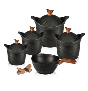 Kazán Granite Set 9 Pieces, consisting of 4 Pots (28-26-24-20) and a 30 cm Grill in Black

