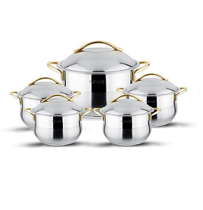 Turkish stainless steel cookware set, 10 pieces, composition (18-20-22-24-28), bombé shape with golden lines
