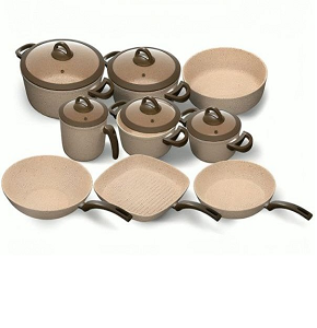 Queen Aboud Granite Set, consisting of 4 Pots (18-20-24-28), a 16 cm Saucepan, a 28 cm Grill, a 26 cm Frying Pan, a 28 cm Wok, and a 26 cm Baking Tray
