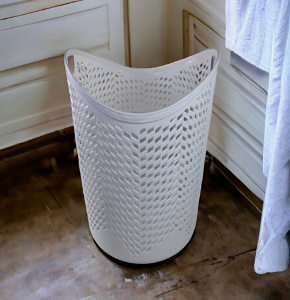 Imported Round White Plastic Laundry Basket with Handles, Perforated Design