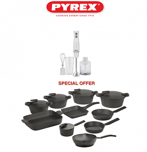 Granite Pyrex Cookware Set – 24 Pieces (Pots: 18, 20, 24, 30 cm) + Frying Pans: 20 & 24 cm + Rectangular Tagine: 31 cm + Grill Pan: 28 cm + Wok: 28 cm + Casserole with Lid: 16 cm + 4 Silicone Holders 