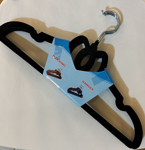 Set of slim practical velvet non-slip clothes hangers with slots for securing clothes and metal hook 
