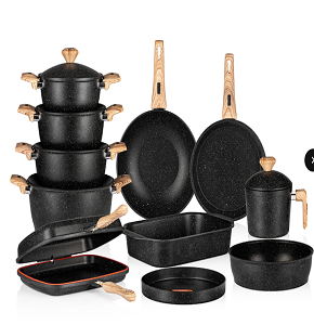 Granite Gigilli Cookware Set – 17 Pieces – 4 Pots (28-24-22-20 cm) + Roaster 35 cm + Frying Pan 26 cm + Oven Tray 28 cm + Wok 28 cm + Pizza Tray 28 cm + Double Grill 36 cm + Milk Pot 16 cm – Black

