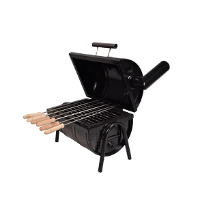 Ghazala Travel Grill: Dual-sided, foldable, 50×30 cm in size, with electrostatic thermal coating, equipped with 2 stainless steel grills, 2 charcoal drawers, 12 skewers, and a free fan with blades.

