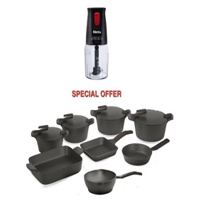 Granite Pyrex Cookware Set – 21 Pieces (Pots: 18, 20, 24, 30 cm) + Frying Pan: 20 cm + Rectangular Tagine: 31 cm + Grill Pan: 28 cm + Wok: 28 cm + 4 Silicone Holders + 5 Grey Artisan Distributors – In