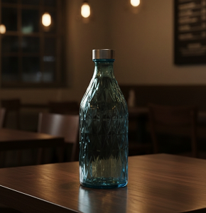 Glass Water Bottle Blue Embossed Pattern Round Shape, Silver Lid - abdo-201-214