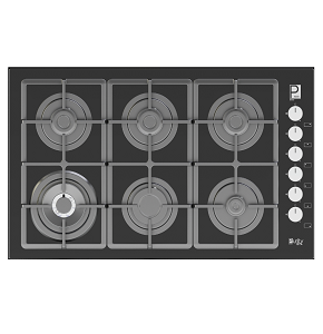 Built-in Purity hob 90 cm, 6 burners (triple burner), full safety system, automatic ignition, side control, heavy-duty pan supports, compatible with natural gas and cylinder gas, right gas outlet, bla