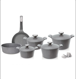 Neoflam Granite Pot Set, Gray, 10-Piece Grooved, Pots (20-22-24-28 cm) + Fry Pan 24 + Casserole 28
