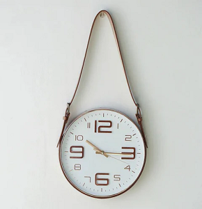 black Wall Clock with Strap Silent Non-Ticking Battery Operated Quartz Round Wall Clock with a strap for easy hanging, suitable for modern décor in living rooms, bedrooms, home offices, and schools.

