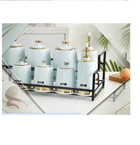 Porcelain Spice Set 10 Pieces, 4 Medium Jars, 3 Large Jars, 2 Oil & Vinegar Bottles with Two-Tier Holder Sky Blue and Gold Color, Code jjD-679-4

