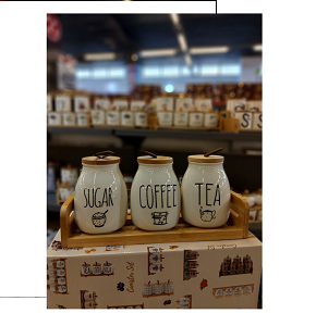 Set of 3-piece sugar jars for tea coffee and sugar with white ceramic and bamboo lids with leather ring handle for practical organization
