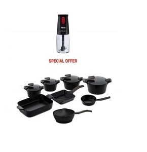 Granite Pyrex Cookware Set – 21 Pieces (Pots: 18, 20, 24, 30 cm) + Frying Pan: 20 cm + Rectangular Tagine: 31 cm + Grill Pan: 28 cm + Wok: 28 cm + 4 Silicone Holders + 5 Black Artisan Distributors – I