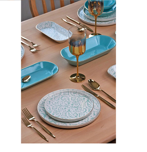 Porcelain Dinner Set 24 Pieces - Glory - Turquoise Classic Model with Decorative Pattern and Shiny Turquoise Side Plates
