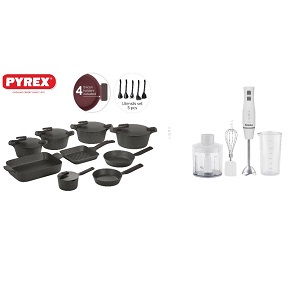 Granite Pyrex Cookware Set – 23 Pieces (Pots: 20, 24, 26, 30 cm) Grey Artisan Pyrex – Includes Free Mienta Immersion Blender

