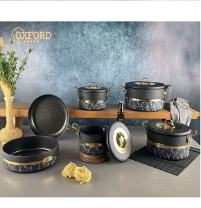 Oxford Pot Set 10 Pieces, Turkish Stoneware, consisting of 4 Pots (18-20-24-28), a 26 cm Frying Pan, and a 28 cm Baking Tray in Black
