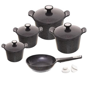 Neoflam Granite Pot Set, Dark Retro Brown, 11-Piece Grooved, Pots (20-22-24-26 cm) + Fry Pan 24 + 2 Holders
