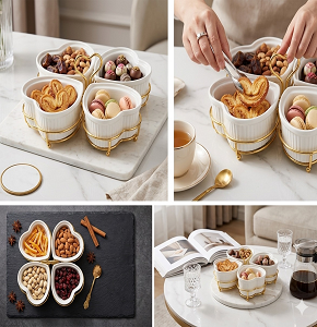 Snacks Plates 4 Pcs Heart Shape Porcelain With Golden Holder ST2122-1W