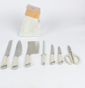  Knife Set 7-Piece with Stand: 8" Chef Knife, 8" Slicing Knife, 8" Bread Knife, 5" Utility Knife, 3.5" Paring Knife, Kitchen Scissors, and Peeler.