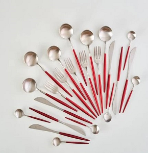 Bouillon Spoon Set – 4 Pieces, Silver with Burgundy Handle