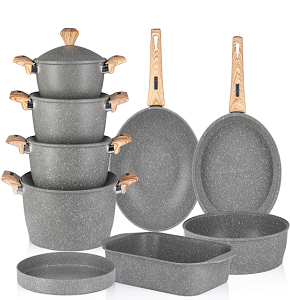 Granite Gigilli Cookware Set – 13 Pieces – 4 Pots (28-24-22-20 cm) + Wok 28 cm + Frying Pan 26 cm + Oven Tray 28 cm + Roaster 35 cm + Pizza Tray 28 cm – Gray


