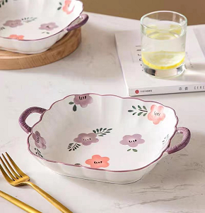 Porcelain Serving Dish Square Floral Design With Purple Handle,9 cm - abdo-201-469D