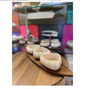 Snacks Set 3 Pcs Triangle With Wooden Base, Light Marble MG12-24