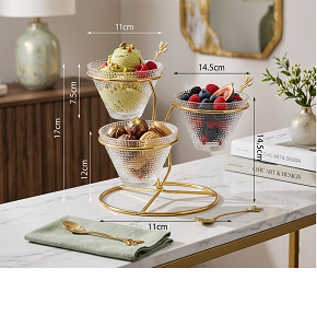 Jelly and Ice Cream Set, 3 Pieces with Elegant Gold Metal Holder