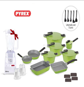 Artisan Granite + Pyrex Set, consisting of 4 Pots (20-24-26-30), Frying Pans (26-22), a 31 cm Tagine, a 16 cm Casserole, and a 28 cm Grill in Green

