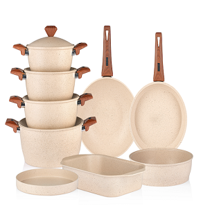 Granite Gigilli Cookware Set – 13 Pieces – 4 Pots (28-24-22-20 cm) + Wok 28 cm + Frying Pan 26 cm + Oven Tray 28 cm + Roaster 35 cm + Pizza Tray 28 cm – Beige
