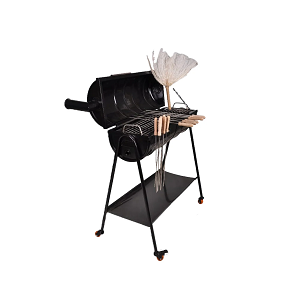 Ghazala Family Grill: 90×30 cm in size and 85 cm in height, with electrostatic thermal coating, equipped with a stainless steel grill, a charcoal drawer, 12 skewers, and a free fan with blades.
