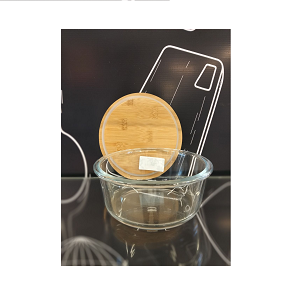 Large round transparent glass refrigerator container with lid 
