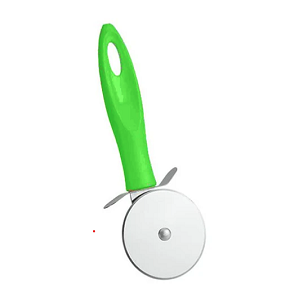 Stainless steel pizza cutter with green crystal handle, Canister display

