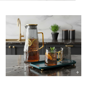 Glass drink set with gold-plated handle and serving tray with distinctive sequoia pattern, code GX-43-S
