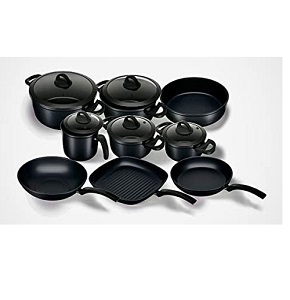 Aboud Bayo Granite 14-Piece Cooking Set (Pots 18/20/24/28 + Ladle 16 cm + Frying Pan 26 cm + Wok 28 + Grill 28 + Baking Tray 26) Black
