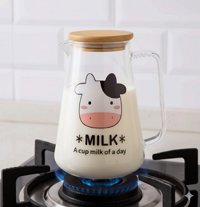 Pyrex Milk Pot with Wooden Lid , Cow Design - abdo - 43 - 307