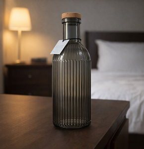 Glass Water Bottle Round Ribbed Tinted with Cork Lid - abdo- 209-176D