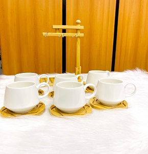Set of 6 white porcelain mugs with 6 wooden coasters and elegant wooden holder
