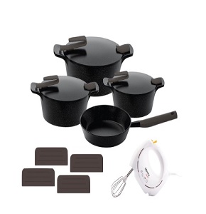 Granite Pyrex Cookware Set – 11 Pieces (Pots: 18, 22, 26 cm) + Frying Pan: 22 cm + 4 Black Artisan Silicone Holders – Includes Free Mienta Egg Beater – New

