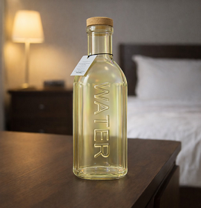 Glass Water Bottle, White Ribbed Design Square Base Silver Lid - abdo-109-10 A