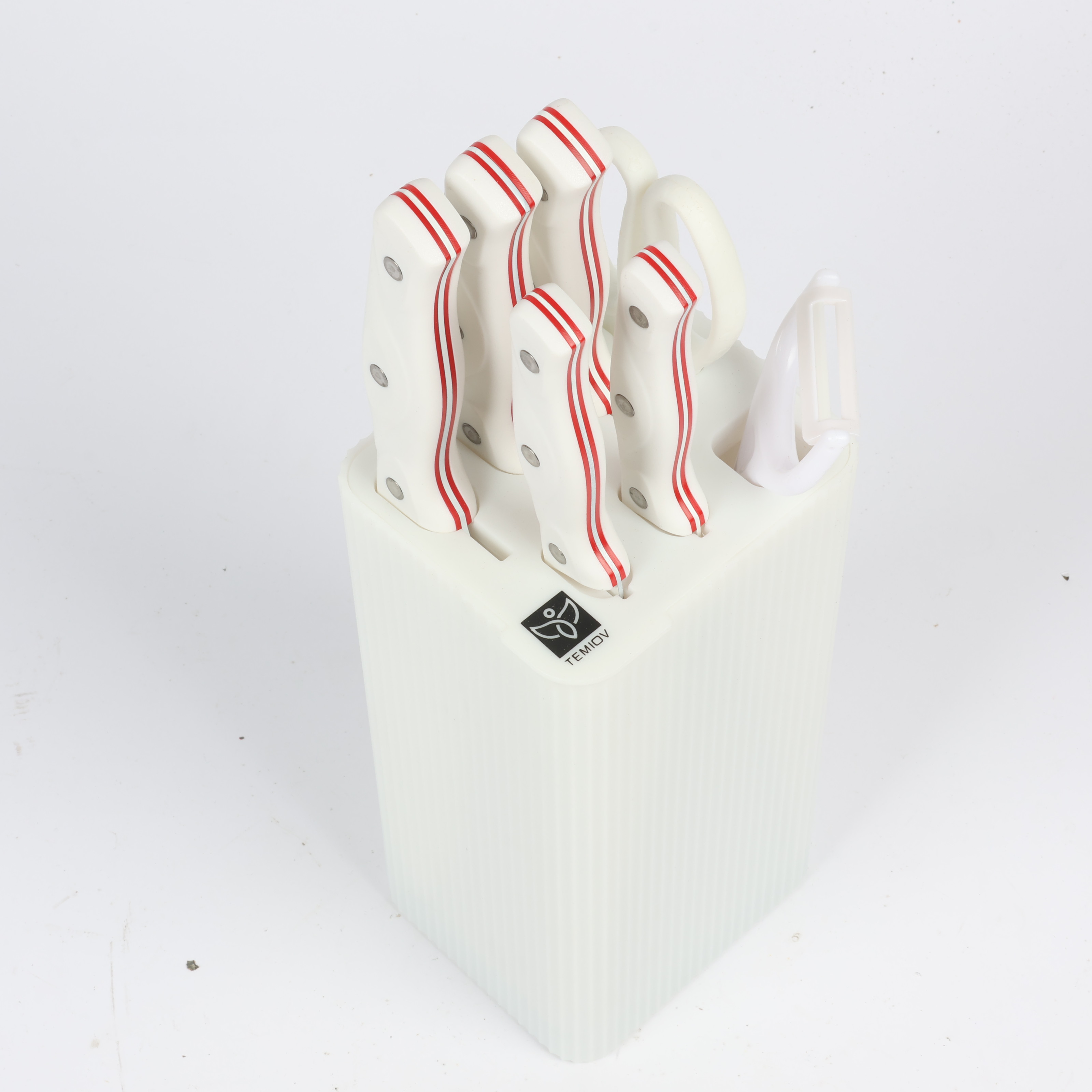  Knife Set 6-Piece with Stand: 7-inch Kitchen Knife, 8-inch Chef Knife, 8-inch Bread Knife, 5-inch Utility Knife, Kitchen Scissors, and Peeler , COLOR WHITE