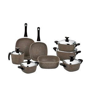  White Granite Power Line 13-piece square set includes pots (18-20-24-28 cm) a 24 cm frying pan a 31 cm casserole and a 16 cm milk pot with a mocha steel handle (66603GR).
